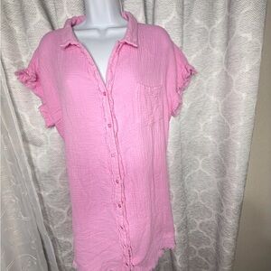 Umgee Pink Gauze Button Front Tunic Dress Frayed Hem Boho Beach Cover Up M